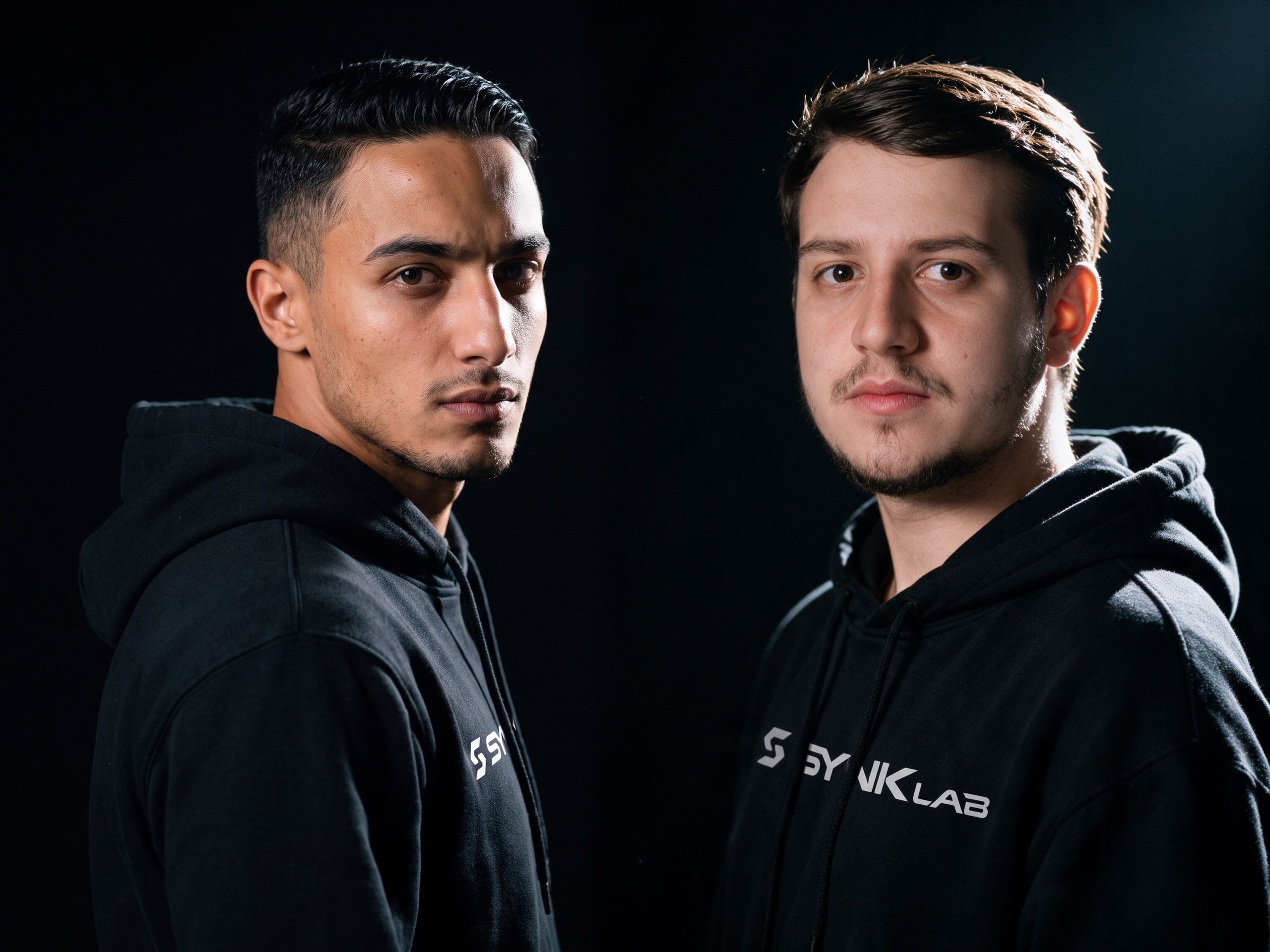 Marcos e Breno, os sócios do Synk Lab, de moletom preto com a marca